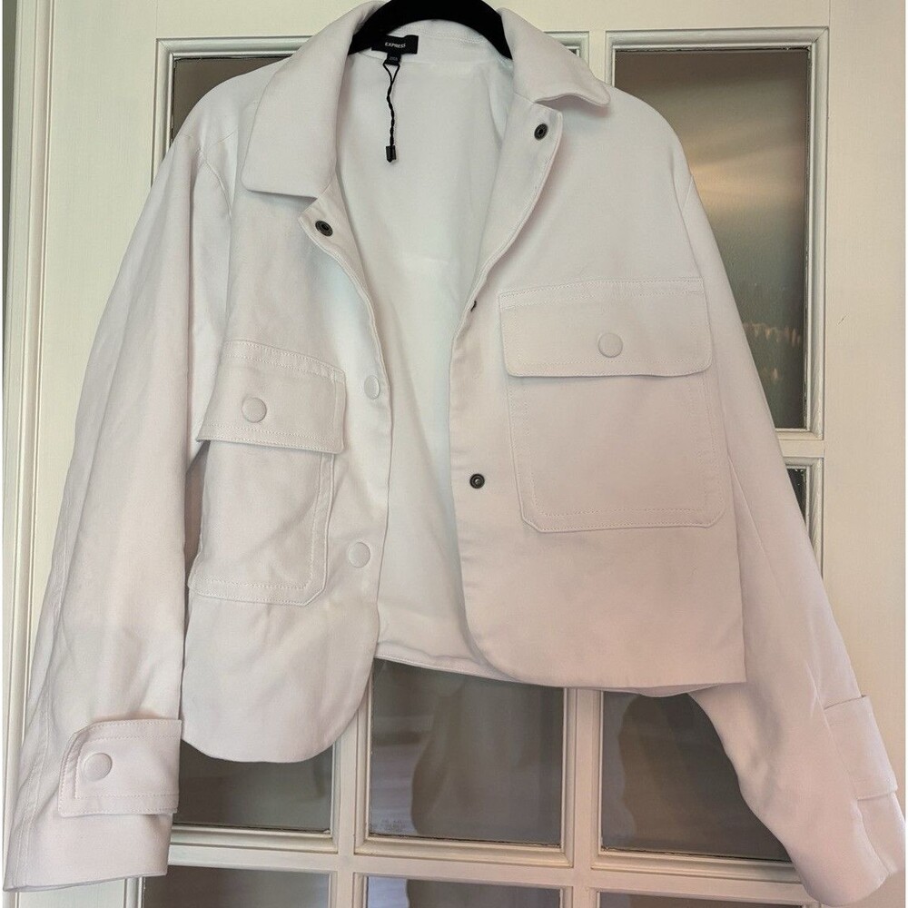 Express White Cropped Button Jacket Collared Pockets Relaxed Fit Size L